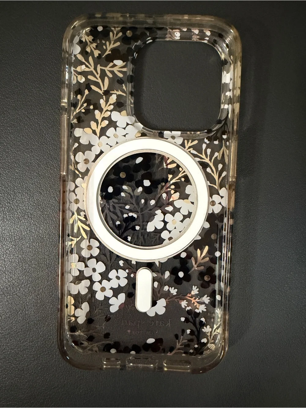 iPhone 15 Pro, kate spade, MagSafe, Black, White & Gold Floral Clear iPhone Case